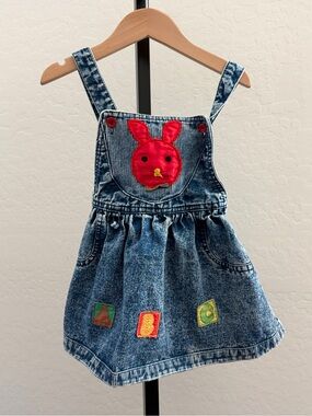 Vintage Kid cool Blue Denim bunny patch Overall Dress